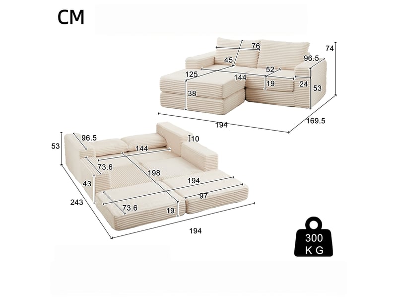  1canapé modulable 2-en-1 en velours côtelé avec pouf amovible – 2 coussins inclus, 74×194×169.5 cm, beige  - Conforama C