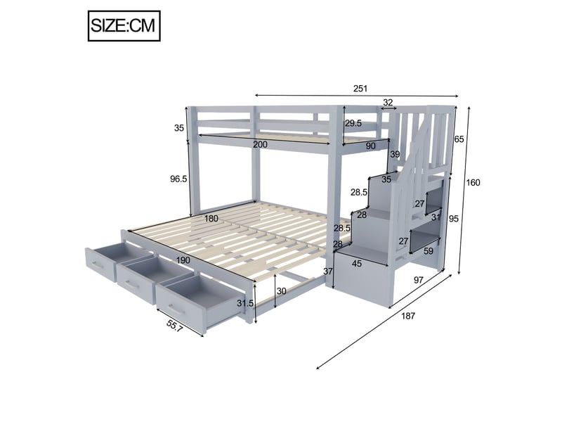  Lit superposé enfant 90180x190 cm avec 3 couchages, lit inférieur extractible, 3 tiroirs et échelle de rangement, gris OPULERANE TRADING LTD - Conforama E