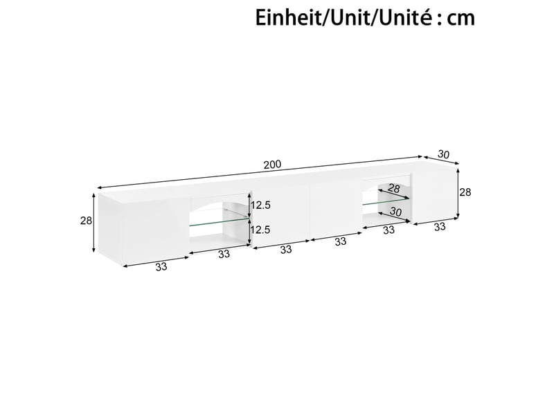  Meuble tv 200 cm 4 portes 2 niches noir ou blanc tablettes en verre led via application salon  - Conforama E