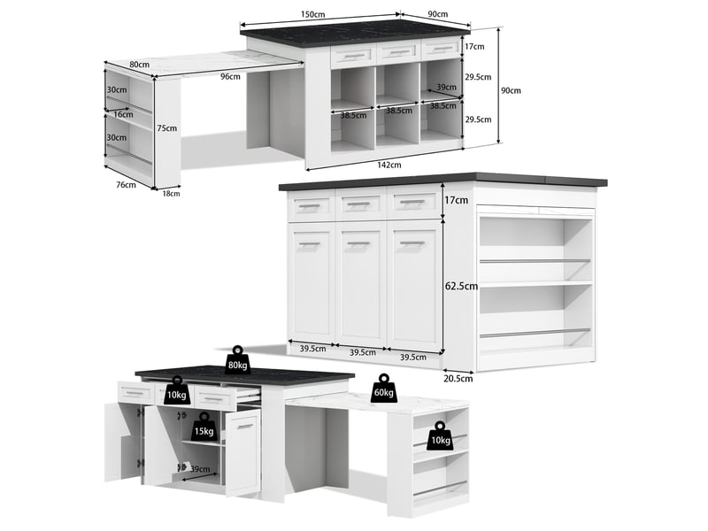 Îlot de cuisine 150 × 90 × 90 cm blanc, mdf, plateau effet marbre noir et blanc, table extensible 96 cm et rangements - Conforama B