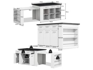 Îlot de cuisine 150 × 90 × 90 cm blanc, mdf, plateau effet marbre noir et blanc, table extensible 96 cm et rangements