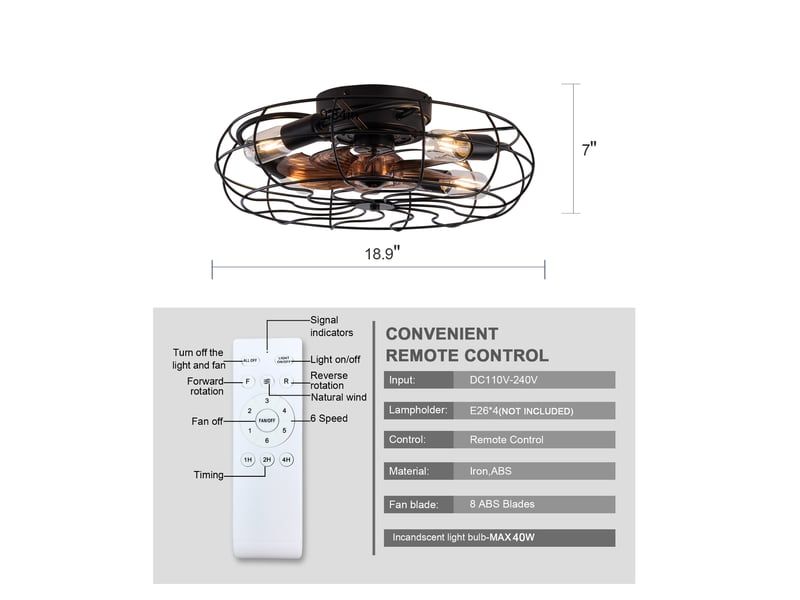  Ventilateur de plafond cage 19 pouces avec lumière, moteur dc réversible, télécommande, noir et noyer  - Conforama C