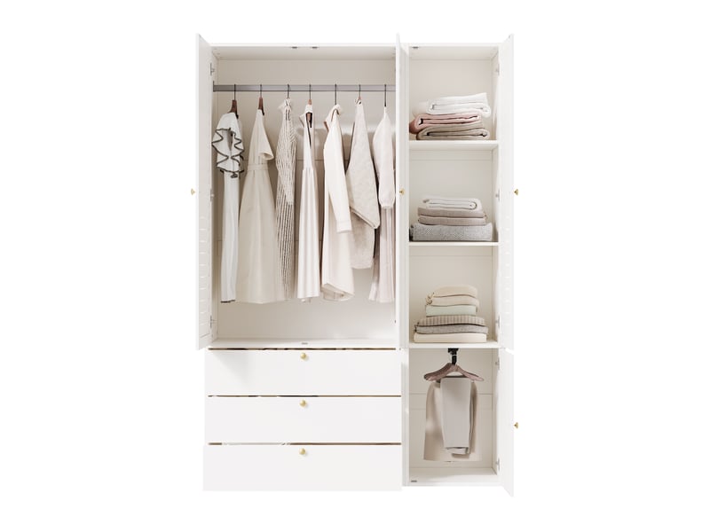  Armoire chambre 135x50x200 cm, garde-robe avec 3 portes et 3 tiroirs, meuble de rangement en bois, avec porte-pantalons et 2 penderies, blanc  - Conforama D