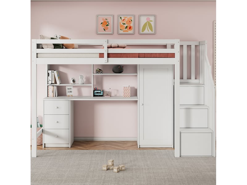  Lit mezzanine enfant 90x200 cm avec bureau, armoire et escalier de rangement, bois et mdf, blanc, sans matelas  - Conforama D