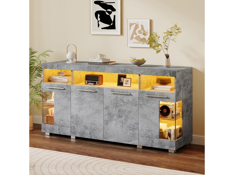 Buffet de salon industriel gris ciment avec led 140x40x70cm - Conforama E