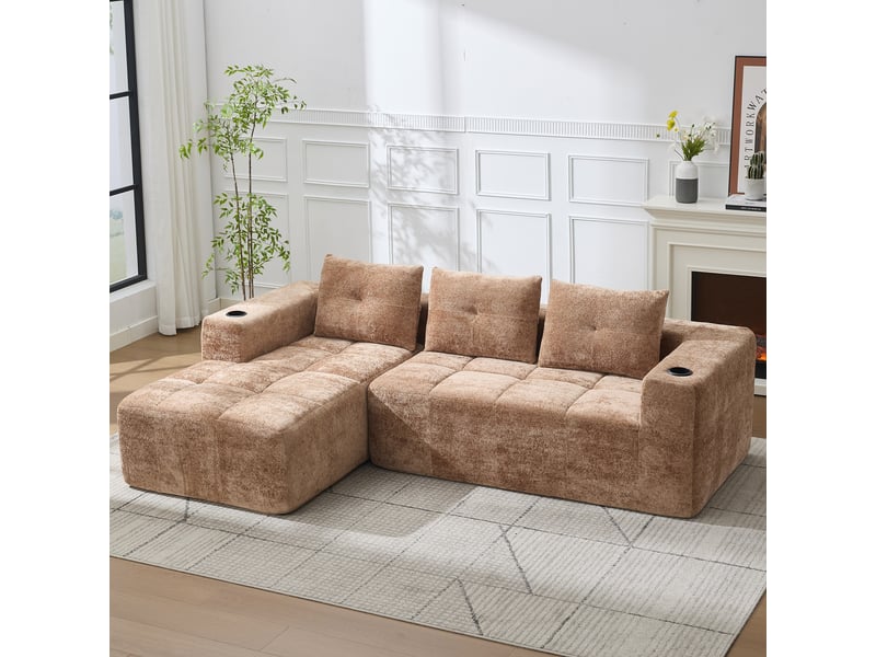 Canapé d'angle marron clair en l 258 cm - tissu chenille 3 places avec porte-gobelets - Conforama B