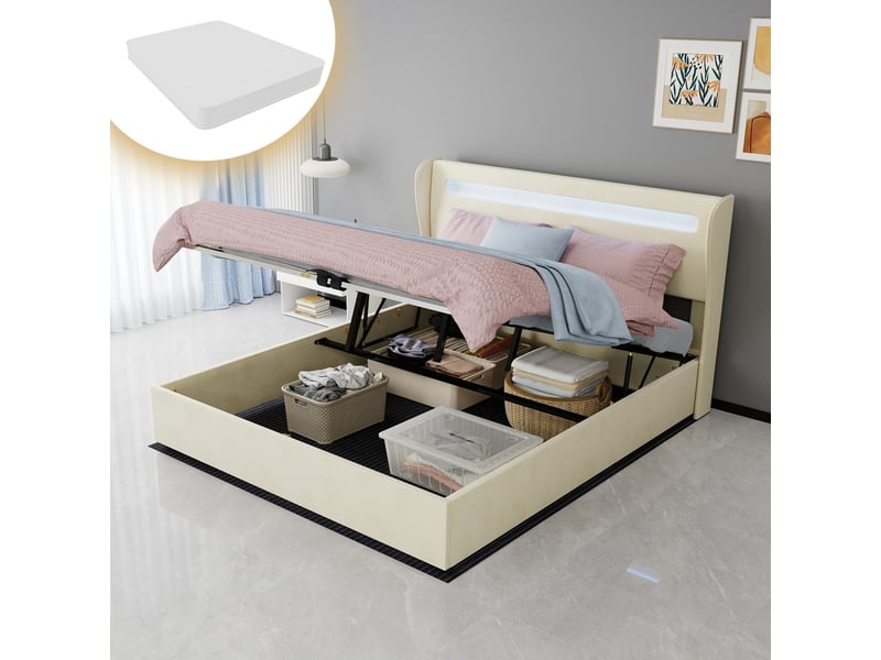 Lit coffre moderne minimaliste avec tête de lit rembourrée led beige 160x200cm sommier coffre haut avec vérin gaz matelas inclus - Conforama B