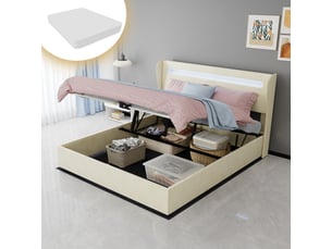 Lit coffre moderne minimaliste avec tête de lit rembourrée led beige 160x200cm sommier coffre haut avec vérin gaz matelas inclus