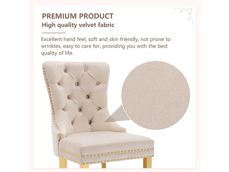  Lot de 2 chaises de salle à manger en velours beige avec pieds dorés et anneau décoratif, chaise cloutée élégante, 51×65.5×95 cm, beige  - Conforama C