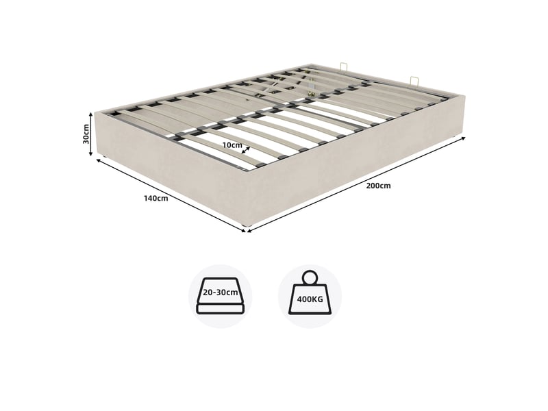 Lit coffre double 140x200 cm - lit ado avec vérin hydraulique en velours moderne sans tête de lit - sans matelas - beige  - Conforama D