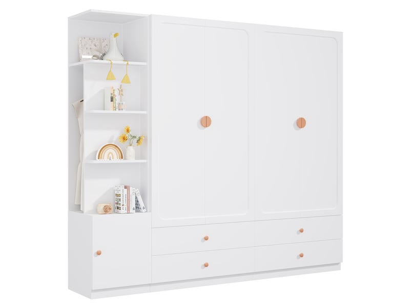  Armoire avec 3 tringles, 4 tiroirs et rangement ouvert pour chambre, en mdf, bois et acier, blanc, 225 × 45 × 200 cm  - Conforama A