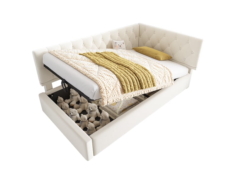  Lit banquette 90x200 lit coffre velours beige avec rangement hydraulique sommier à lattes  - Conforama A