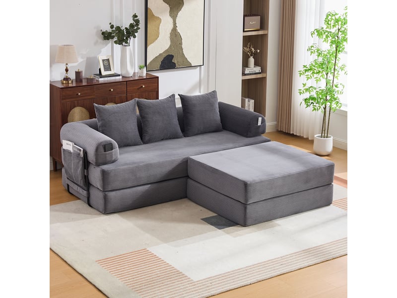  Canapé d'angle convertible modulable en velours côtelé gris foncé avec hocker et 3 coussins  - Conforama B