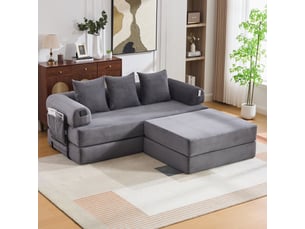 Canapé d'angle convertible modulable en velours côtelé gris foncé avec hocker et 3 coussins