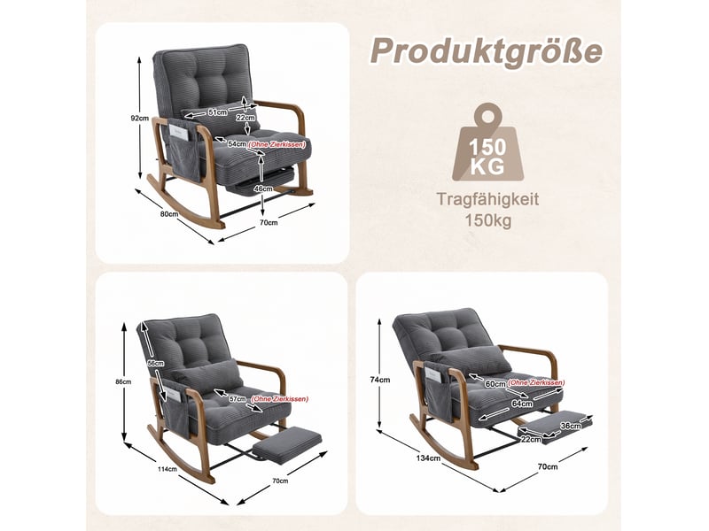  Fauteuil à bascule avec repose-pieds, dossier réglable et poche en velours côtelé gris, 70 × 80 × 92 cm  - Conforama D