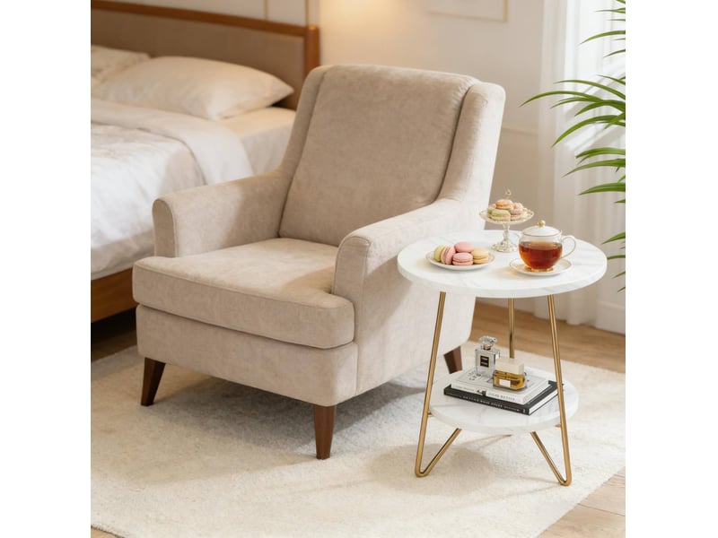  Table d'appoint ronde à 2 niveaux avec plateau effet marbre et structure en métal blanc et doré pour salon et chambre  - Conforama C