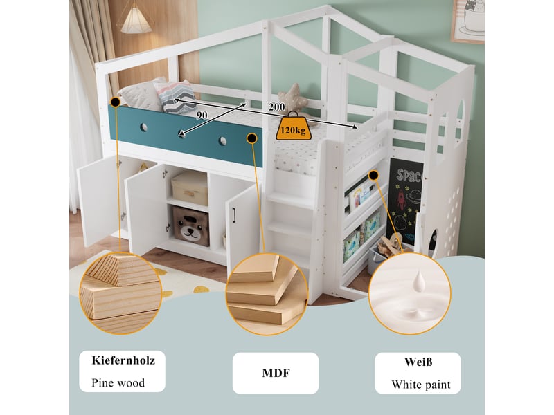 Lit mi-hauteur enfant 90x200 bas maison - lit cabane 1 place avec armoire, échelle sécurité et tableau - blanc - Conforama B