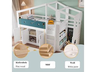 Lit mi-hauteur enfant 90x200 bas maison - lit cabane 1 place avec armoire, échelle sécurité et tableau - blanc