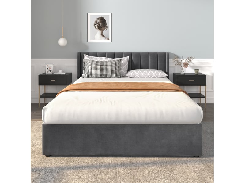  Modenvie lit avec rangement 160x200 cm - velours, tête de lit haute, sommier inclus - gris  - Conforama D