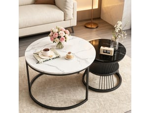 Tables basses – set de 2 tables basses gigognes – plateau marbre – cadre noir – 80+60 cm