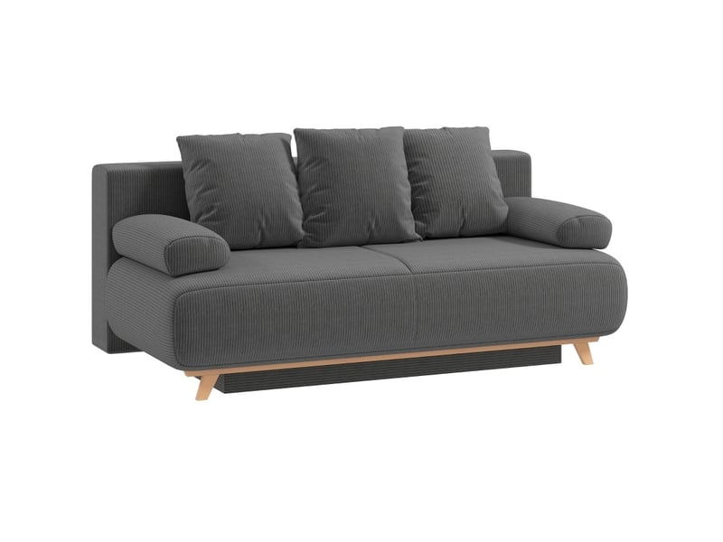 Canapé convertible 3 places avec dossier réglable, coffre de rangement et coussins en velours côtelé gris - Conforama A