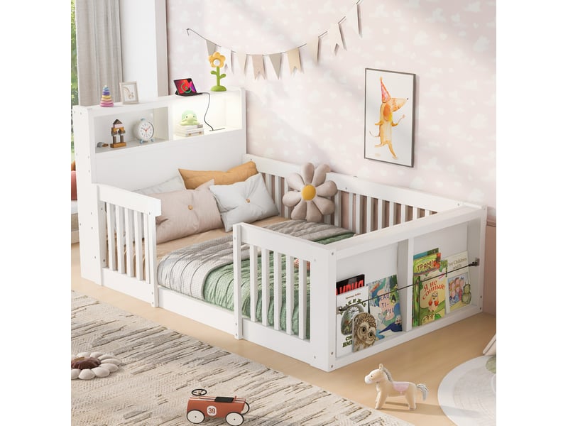  Lit enfant 90x190 cm avec barrières, usb, veilleuse et rangement, blanc  - Conforama E