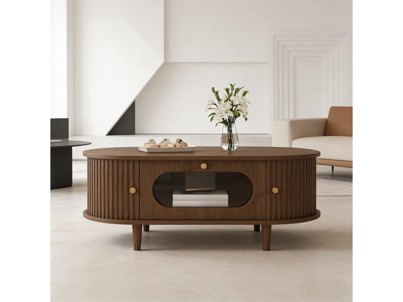  Table basse de salon, avec un tiroir, un volet roulant et 4 pieds, couleur noyer  - Conforama D