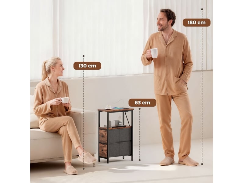  Table d’appoint avec station de charge et 2 tiroirs en tissu brun rustique 40 x 20 x 63 cm  - Conforama D