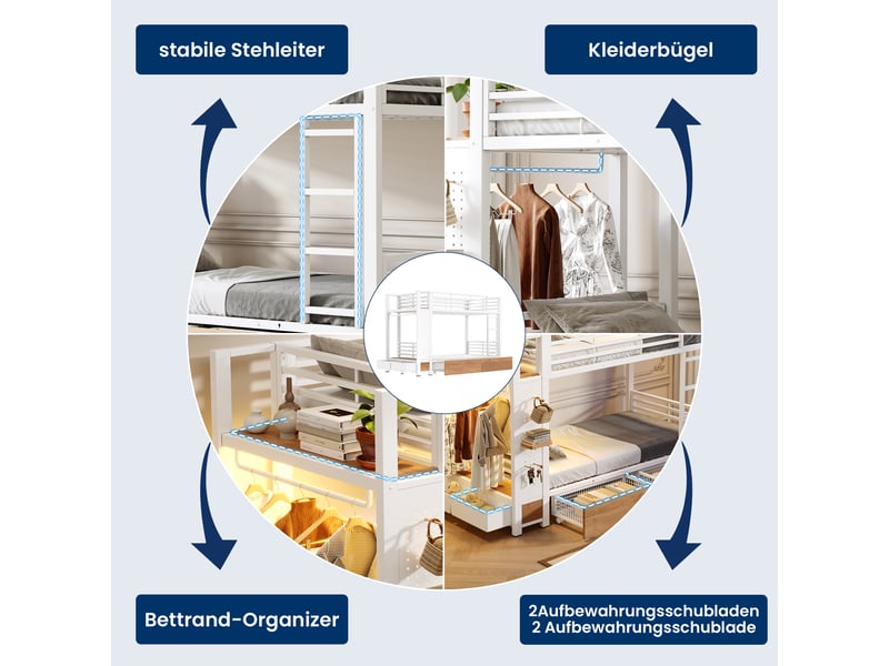 Lit superposé en fer blanc 90×200 cm, 4 tiroirs, rangements intégrés, éclairage et barre à vêtements, à assembler - Conforama E