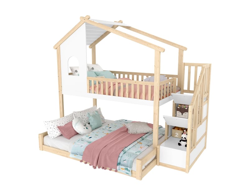  Lit cabane superposé 90140x200cm avec escalier de rangement, barrières de sécurité et fenêtre, en bois massif, coloris naturel  - Conforama E