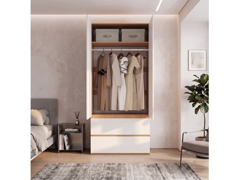 Armoire 2 portes 90 x 50 x 200 cm – blanc et décor chêne – penderie, 2 tiroirs et rangement haut intégré  - Conforama E