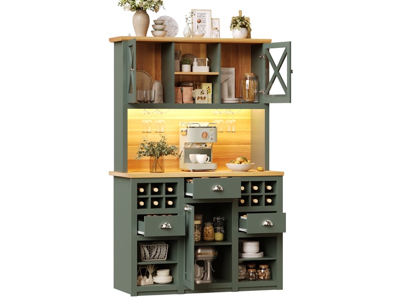  Armoire de cuisine haute 120cm buffet de cuisine vert avec portes en verre et éclairage led  - Conforama W