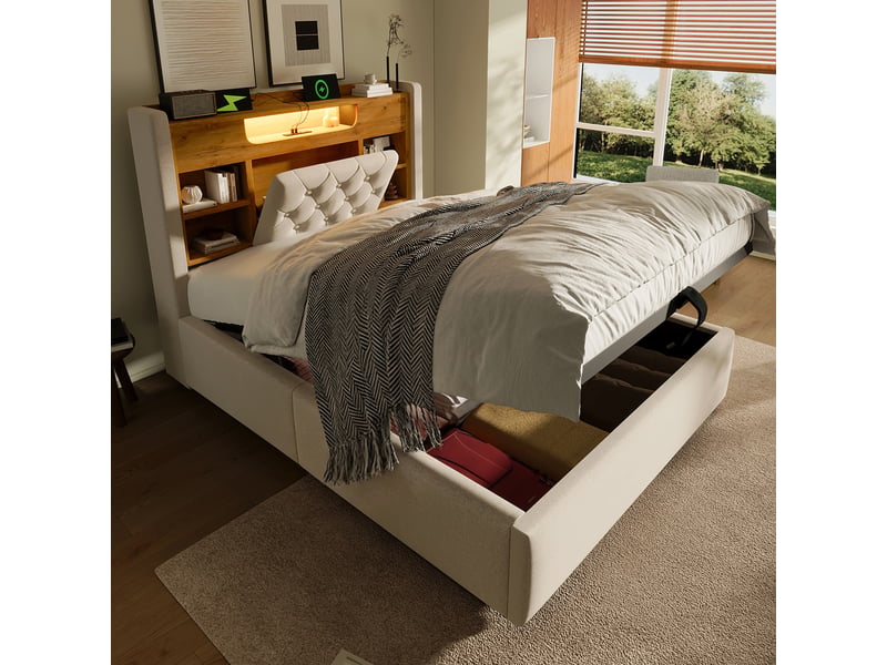 Lit coffre 90x200 cm, lit enfant, rangement hydraulique, étagères, led, usb et usb-c, lin beige - Conforama A
