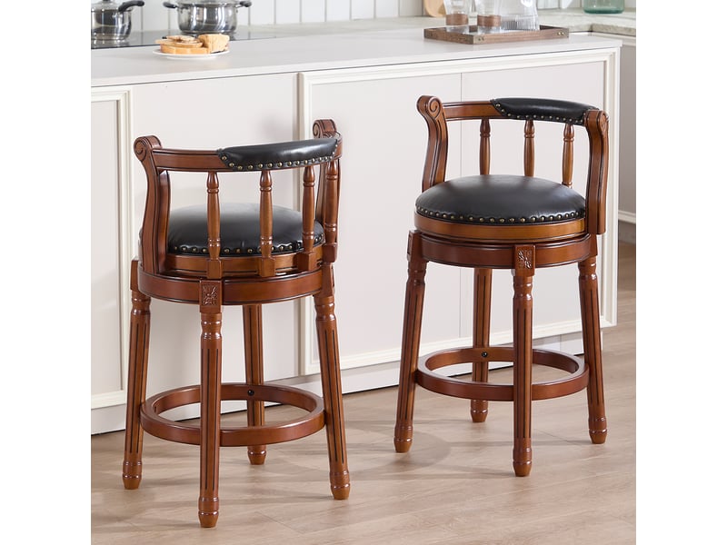  Tabouret de bar pivotant 360° avec dossier en cuir véritable noir  - Conforama C