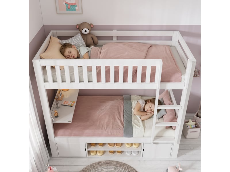  Lit superposé enfant 90x200 cm avec table rabattable et range-chaussures coloris blanc  - Conforama D