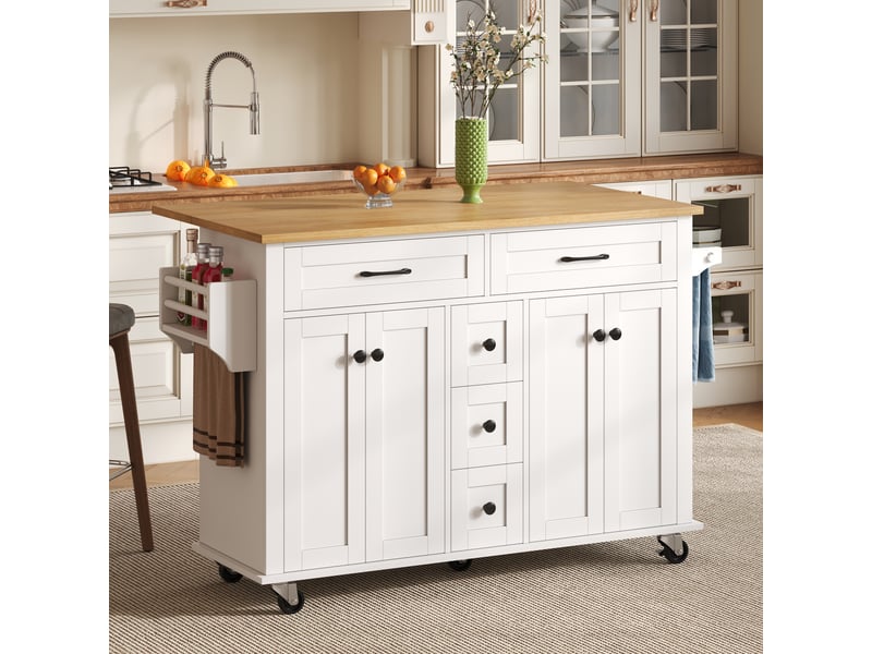 Îlot de cuisine extensible 140x40-65x89 cm, plan rabattable 18 mm, 5 tiroirs et rangements, mdf, blanc et naturel - Conforama W