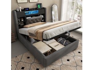 Lit coffre 90x200 cm avec led et recharge usb-c tête de lit avec étagère et rangement pour chambre gris