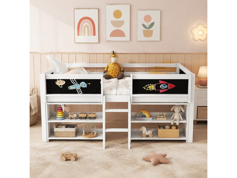 Lit mi-hauteur enfant 90 x 200 cm blanc avec rangements, échelle, garde-corps et tableau à dessin - Conforama D