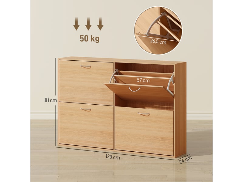  Meuble à chaussures étroit à 4 portes et étagères réglables pour 16 à 24 paires de chaussures, 120 x 24 x 81 cm, naturel  - Conforama E