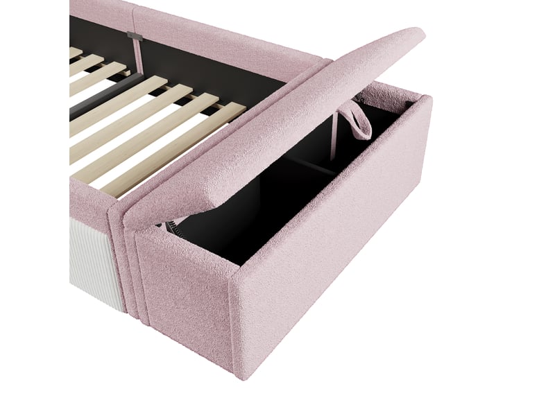  Lit enfant rembourré 90 x 190 cm avec petit escalier, banc coffre mobile et barrières latérales rembourrées, en velours rose, sans matelas  - Conforama D