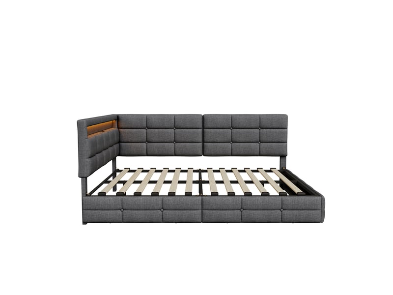 Lit banquette 140x190 cm avec rangement, canapé-lit rembourré avec tiroir lit jeune avec led et usb pour adolescent lit d'appoint gris lin, sans matelas - Conforama W