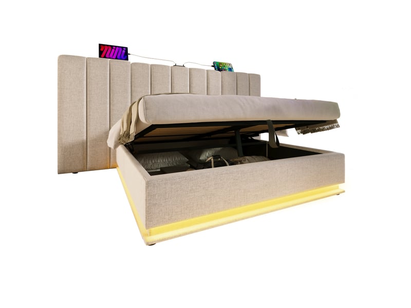  Lit coffre tapissier 180x200 cm beige avec matelas h3 à ressorts ensachés 7 zones, sommier à lattes, rangement hydraulique, led 360°, 3 ports usb et 1 port usb-c, structure en métal, bois massif et lin  - Conforama D