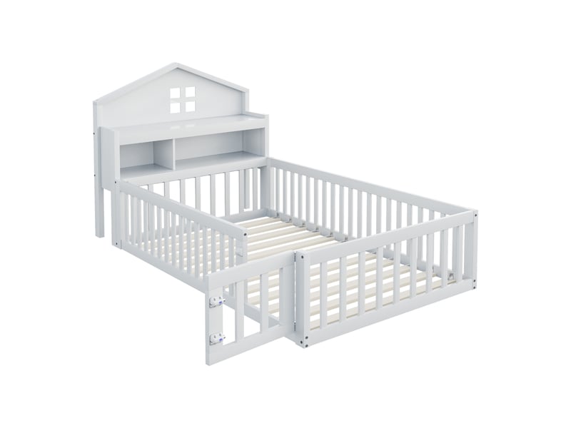  Lit enfant cabane avec rangements, bois massif blanc, 90x200 cm, barrières, portillon et étagère photo  - Conforama E