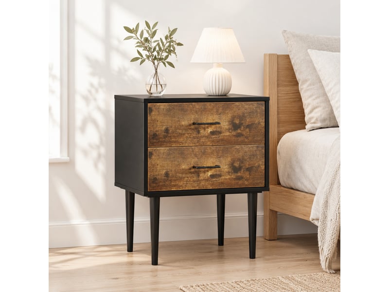  Table de chevet avec 2 tiroirs de rangement pour chambre en mdf à pieds en bois massif marron antique  - Conforama B