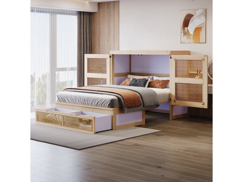  Lit armoire 140 x 200 cm en bois avec lattes, tiroirs et design rotin, bois naturel gain de place  - Conforama C