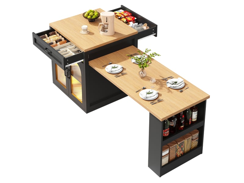 Îlot de cuisine extensible avec led, tiroirs et étagère réglable, noir, 126-196x70x94 cm  - Conforama D