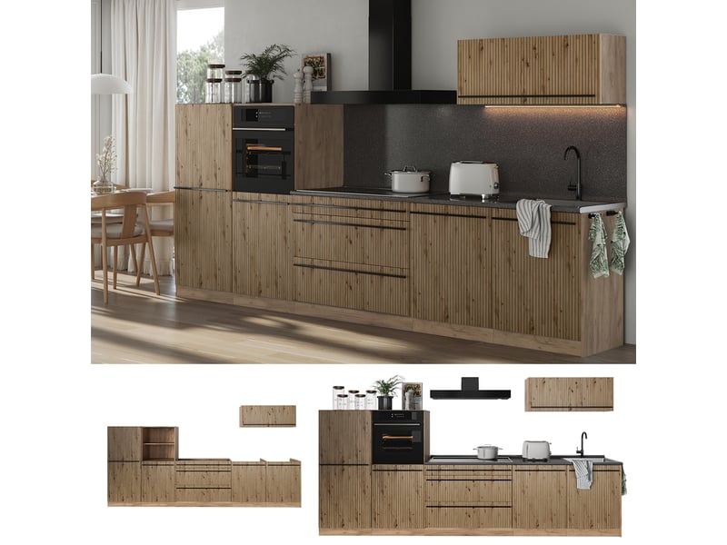  Vicco cuisine, chêne artisanchêne doré, 340cm plan de travail anthracite  - Conforama D