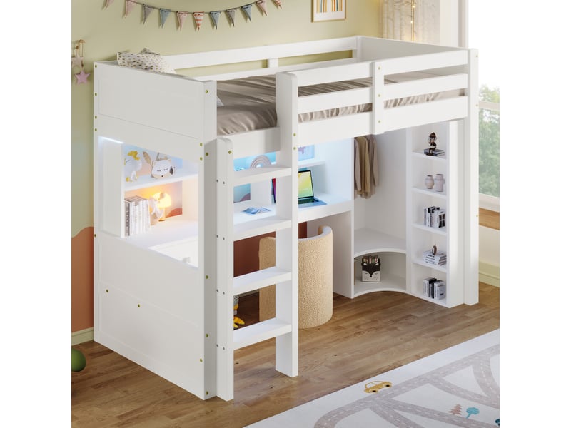  Lit mezzanine 90 x 200 cm, led, armoire, bureau, tiroirs, rangements, blanc, sans matelas  - Conforama C