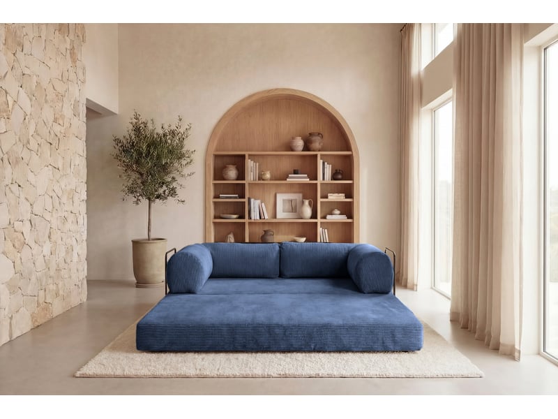 Cosima - canapé droit convertible petit velours côtelé 3 places bleu foncé - Conforama E
