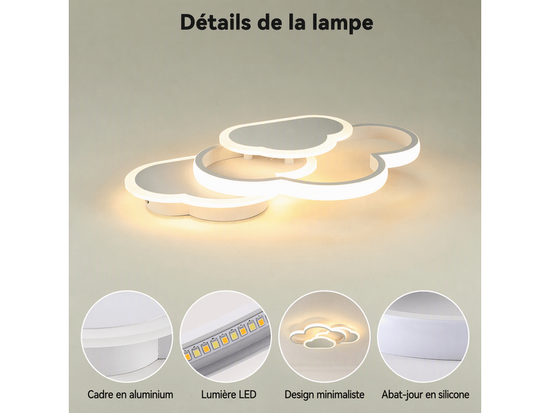 Plafonnier led dimmable design nuage 41x23x6,5 cm, lampe de plafond moderne 21w 2100 lm, blanc sable, pour salon, cuisine et bureau - Conforama E